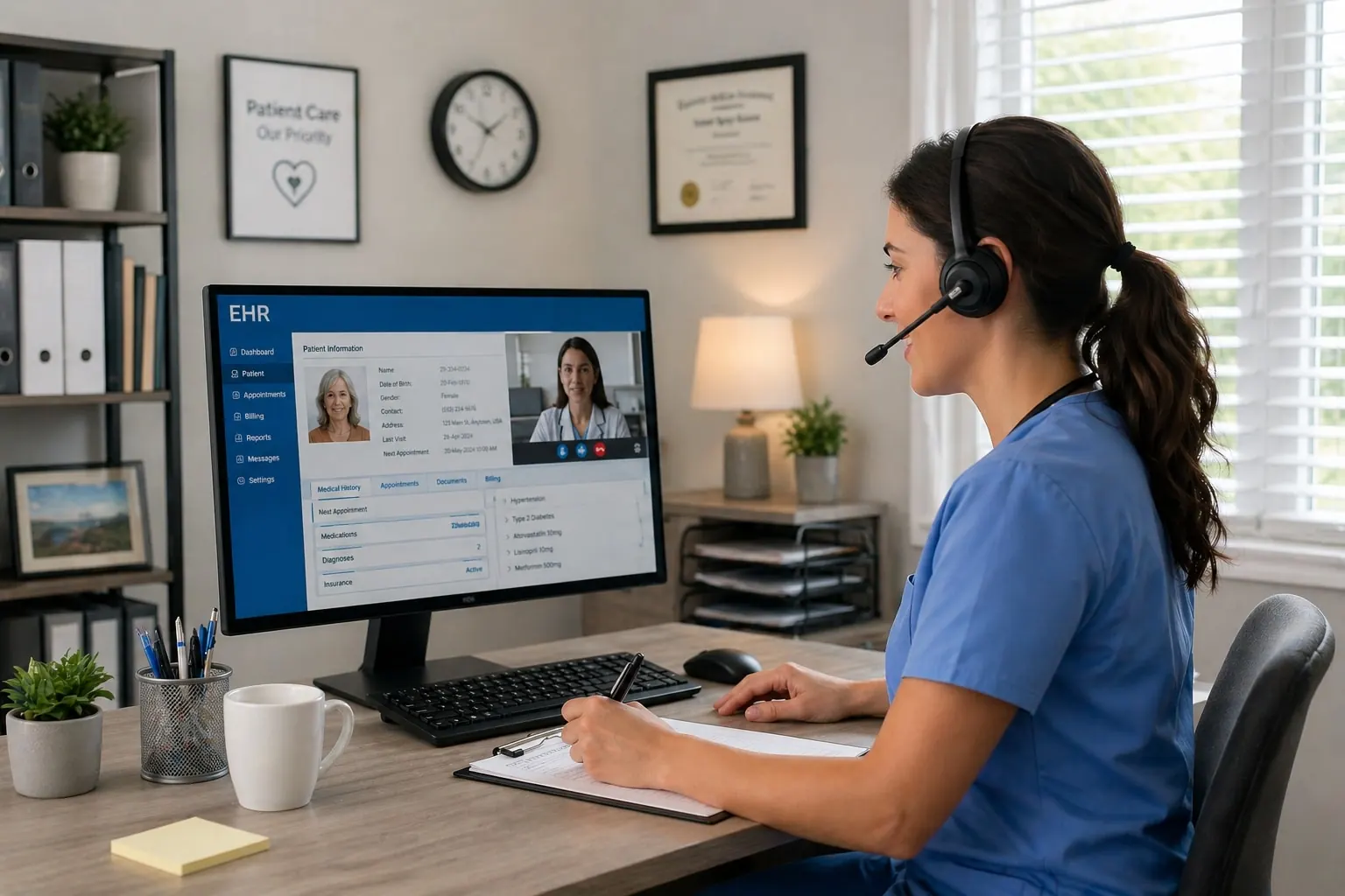 A medical records assistant working at a computer