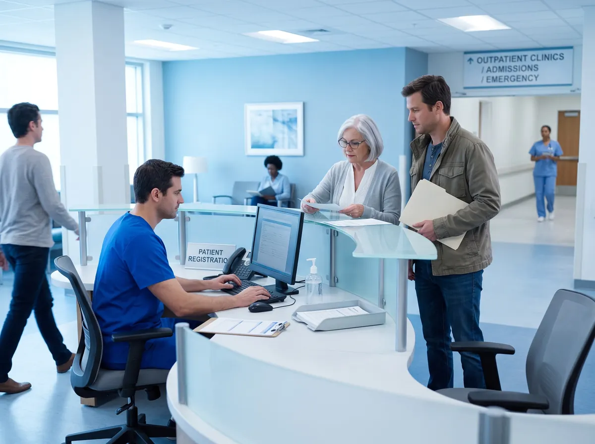 A front-desk receptionist checking in a patient