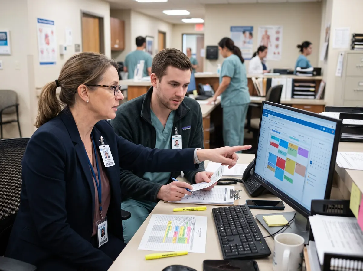 A practice manager reviewing staffing with a colleague