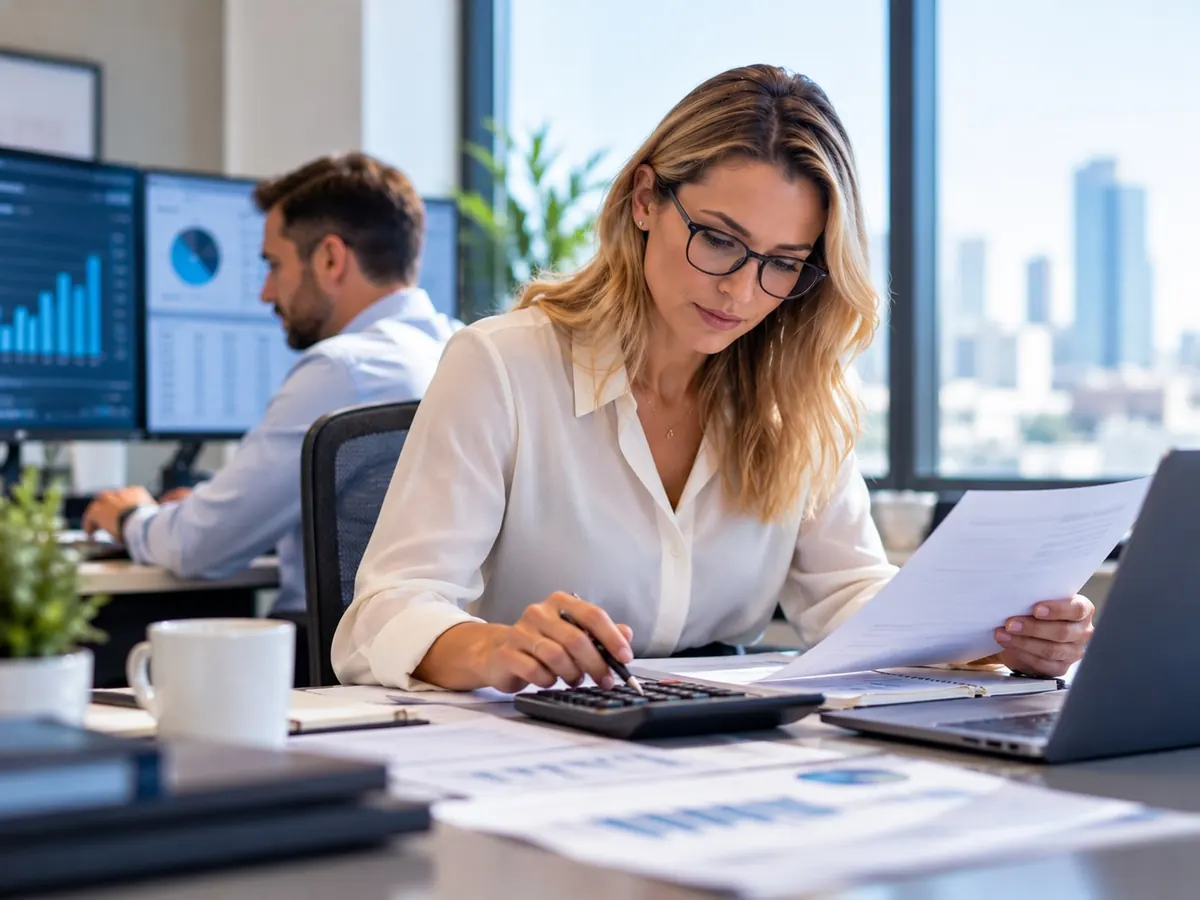 A finance professional reviewing reports at her desk