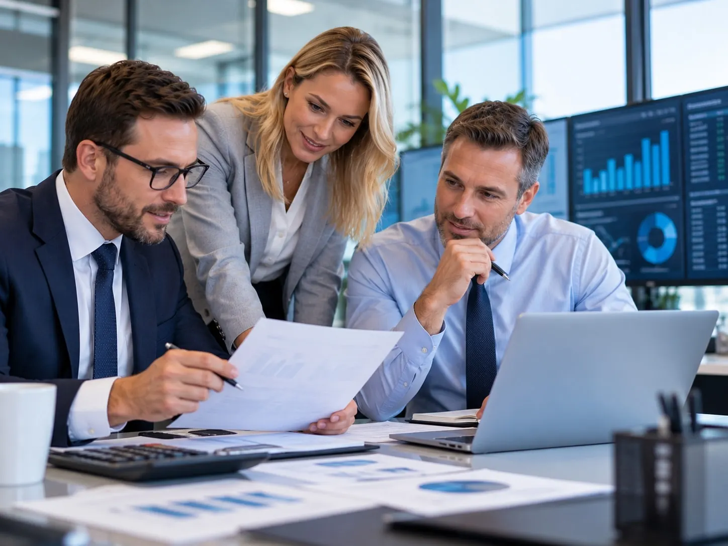 A finance team reviewing figures together in an office