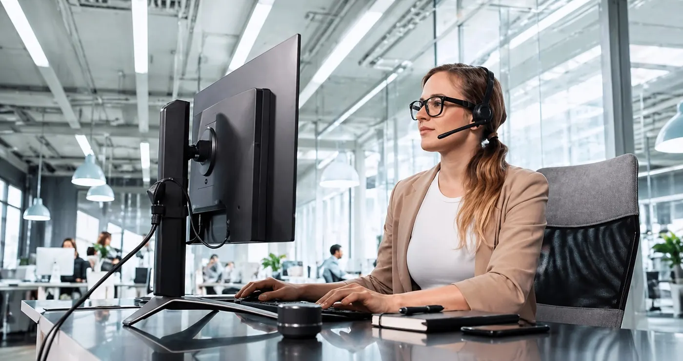 A team member working at a desk in a bright open office