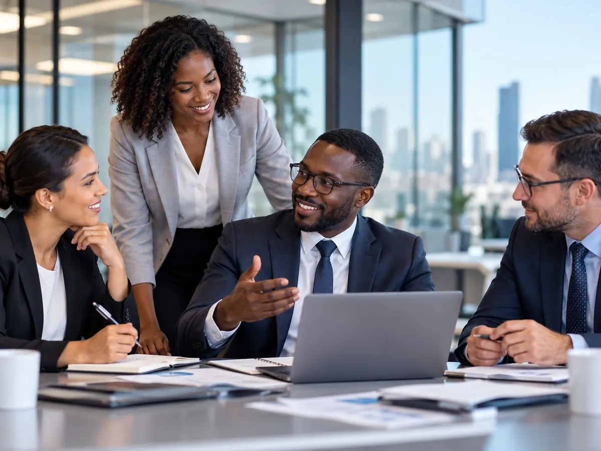 A candidate in an interview with a hiring panel
