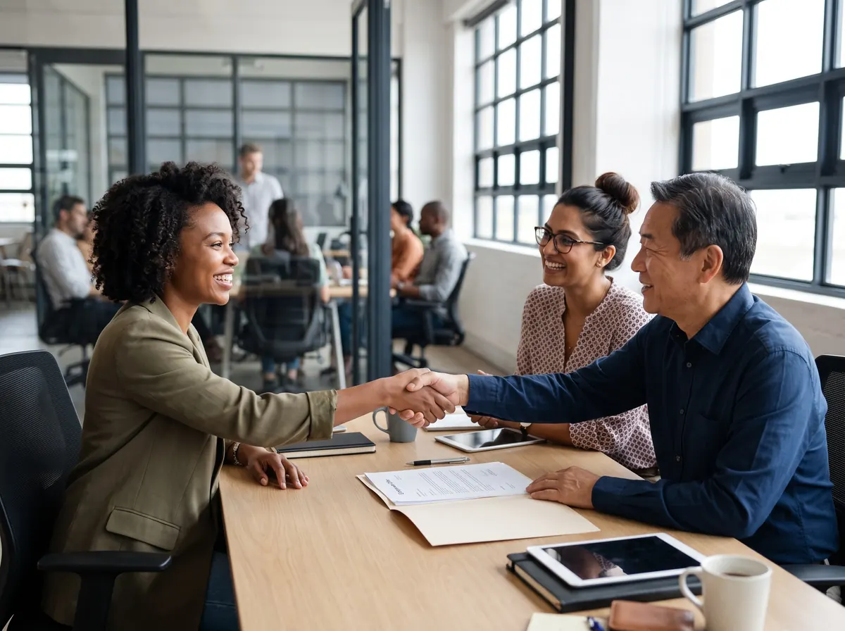 A new hire accepting a job offer with a handshake