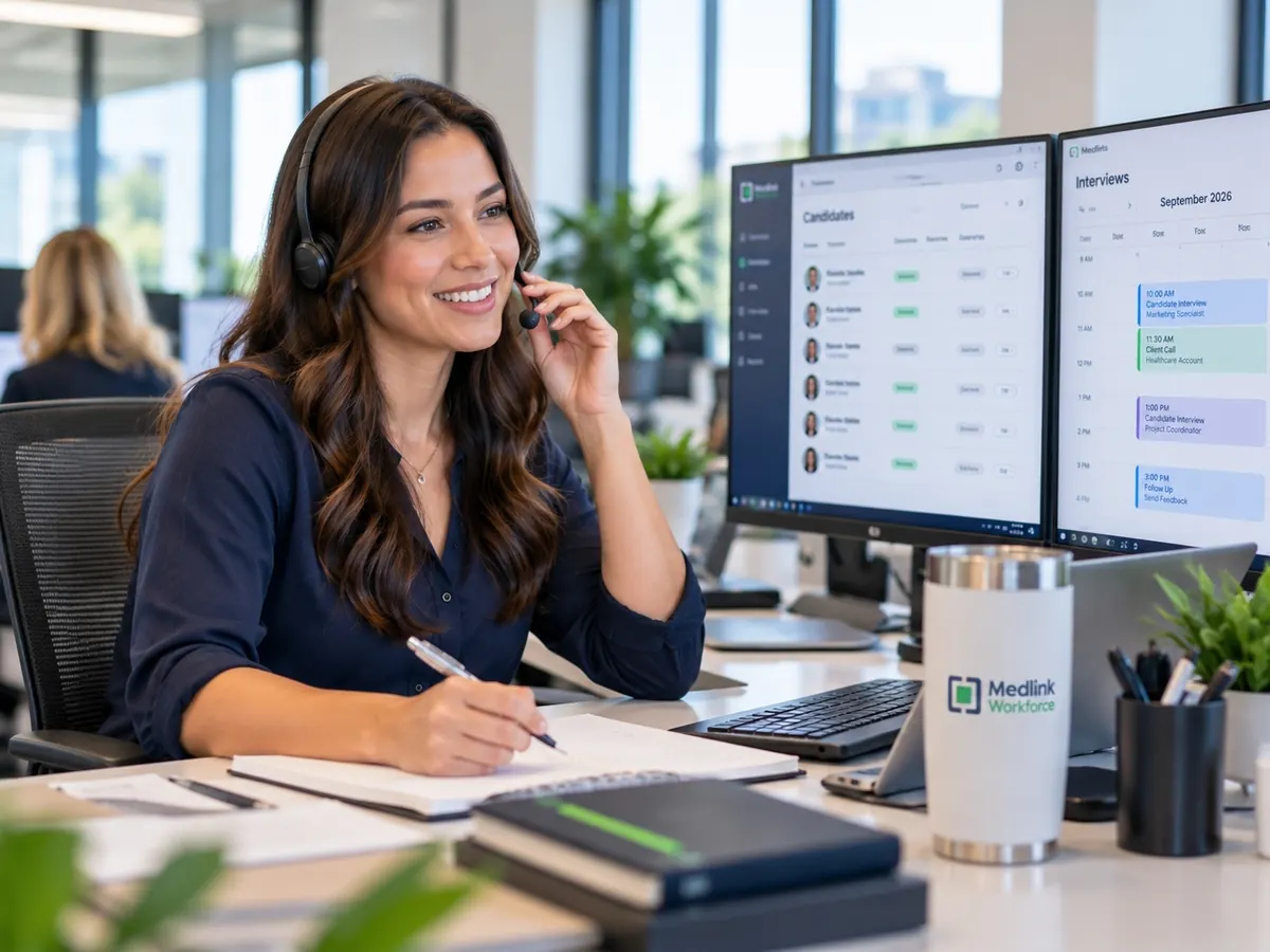 A Medlink Workforce recruiter sourcing candidates at her desk