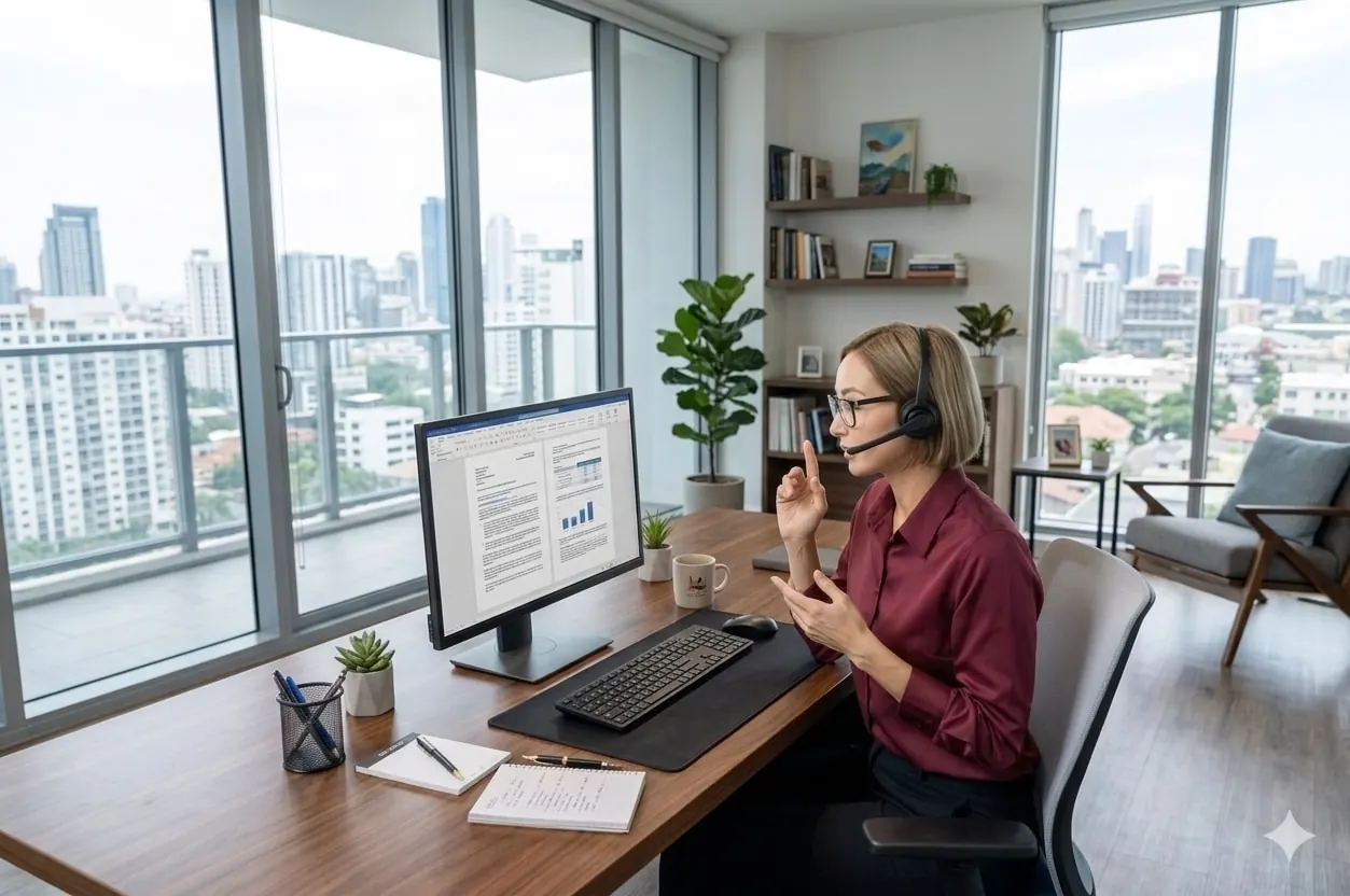 A virtual assistant with a headset working at her desk in a bright office